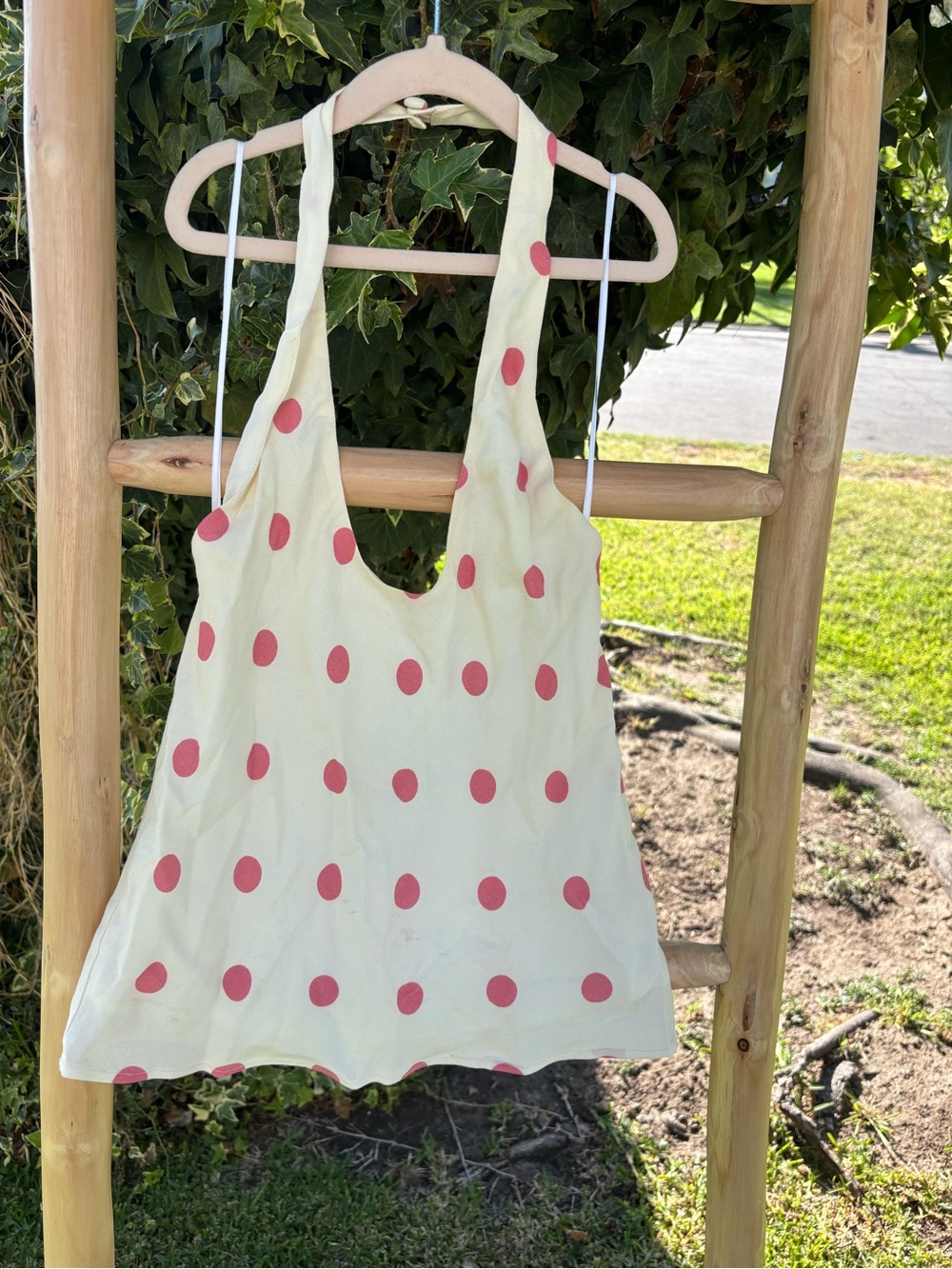 Reformation Cream Tank Top with Pink Polka Dots